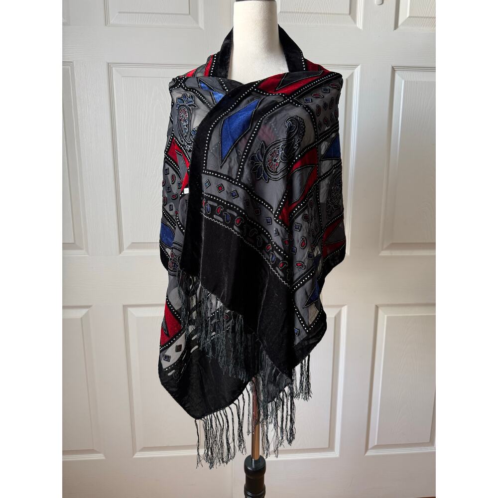 Title: 100% Silk Black Velvet Burnout Paisley & Diamond Motif Scarf/Shawl